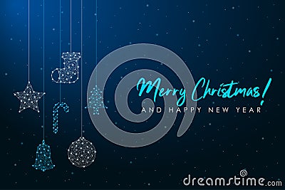 Merry Christmas and 2020 New Year low poly card. Polygonal wireframe mesh illustration with hanging Christmas decorations. Vector Illustration