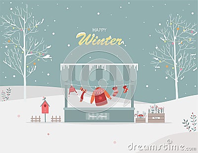 Merry Christmas and New Year posters with winter clothes hanging in the shop,Greeting cards,cute design ,templates, invitation,bac Vector Illustration