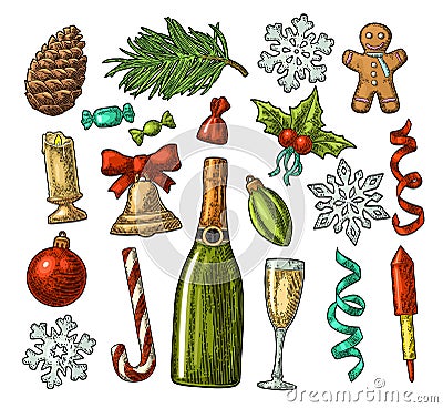 Merry Christmas and New Year set. Vector vintage color engraving Vector Illustration