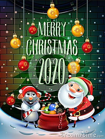 2020 Merry Christmas and New Year symbol. Santa Claus on a winter background with gifts Vector Illustration