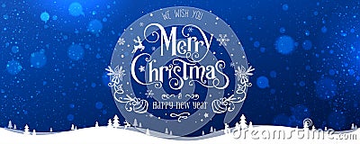Merry Christmas and New Year text on blue background with winter landscape with snowflakes, light, stars. Xmas card. Vector Stock Photo