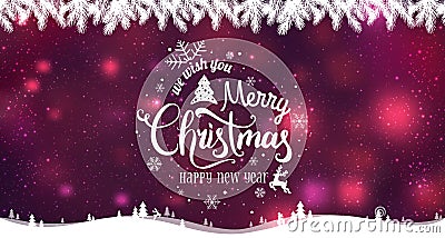 Merry Christmas and New Year typographical on holidays background with winter landscape with snowflakes, light, stars Stock Photo