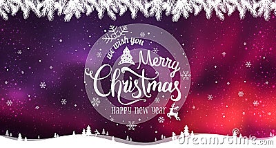 Merry Christmas and New Year typographical on holidays background with winter landscape with snowflakes, light, stars. Stock Photo
