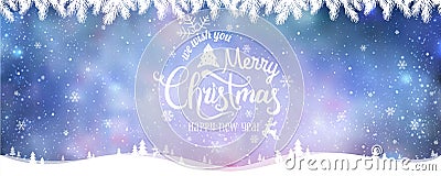 Merry Christmas and New Year typographical on holidays background with winter landscape with snowflakes, light, stars. Stock Photo