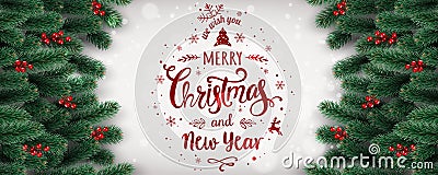 Merry Christmas and New Year Typographical on white background with fir branches, berries, lights, snowflakes. Stock Photo