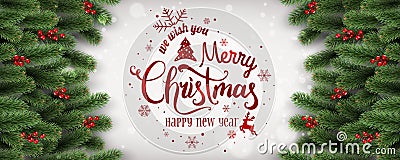 Merry Christmas and New Year Typographical on white background with fir branches, berries, lights, snowflakes. Stock Photo