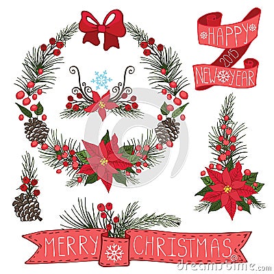 Merry Christmas ,New Year Wreath,ribbons,group Vector Illustration