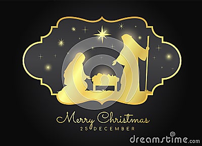 Merry Christmas with Nightly christmas scenery mary and joseph in a manger with baby Jesus in gold vintage frame on black Vector Illustration