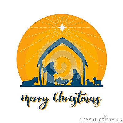 Merry Christmas with Nightly christmas scenery mary and joseph in a manger with baby Jesus vector design Vector Illustration