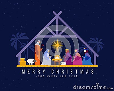 Merry christmas - Nightly christmas scenery mary joseph in a manger with baby Jesus and Three wise men vector design Vector Illustration