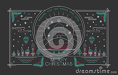 Merry christmas outline poster xmas tree snow city Vector Illustration