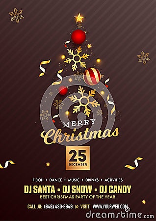 Merry Christmas Party Flyer Design with Creative Xmas Tree Made by Realistic Baubles, Golden Stars and Snowflakes. Editorial Stock Photo