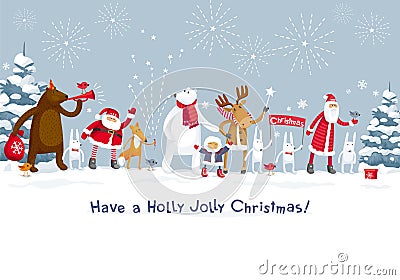 Merry Christmas party in the forest Vector Illustration