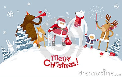 Merry Christmas party in the forest Vector Illustration