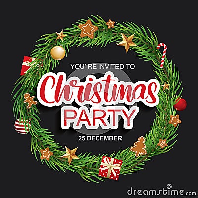 Merry christmas party invitation card banner template background. Xmas pine fir lush tree Vector Illustration