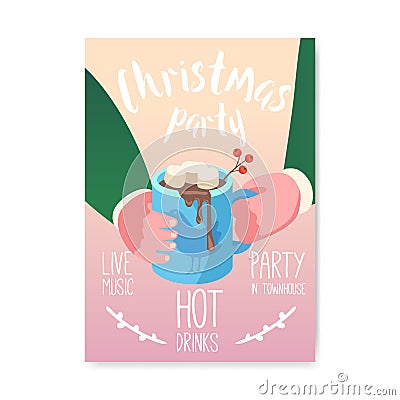 Merry Christmas 2019 Party Poster, Invitation, Flyer. Xmas Vintage Banner Greeting Card with Cup of Hot Chocolate Vector Illustration