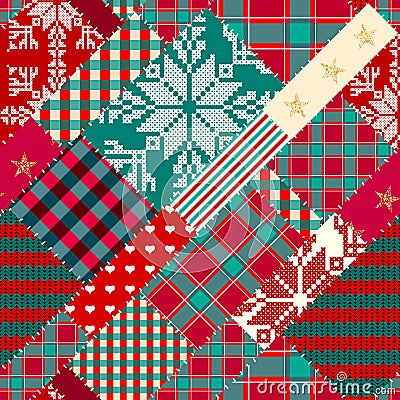 Merry Christmas Patchwork textile pattern. Seamless quilting design background. Vector Illustration