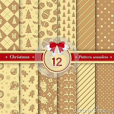 Merry Christmas pattern seamless collection. Gold color Vector Illustration