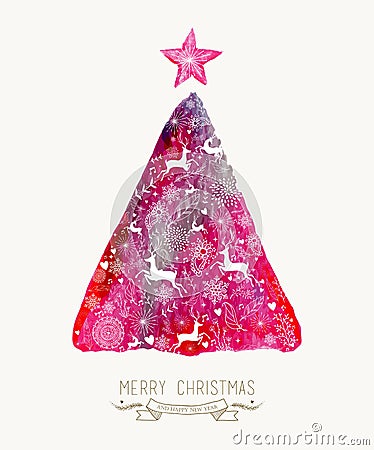 Merry Christmas pine tree watercolor greeting card Vector Illustration