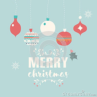 Merry Christmas postcard with balls decoration, snowflakes Vector Illustration