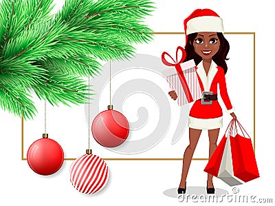 Merry Christmas postcardMerry Christmas postcard with beautiful African American woman in Santa Claus costume Vector Illustration
