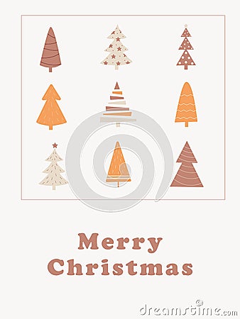 Merry christmas postcard with christmas trees in boho style. Flat new years tree in beige and orange colors Vector Illustration
