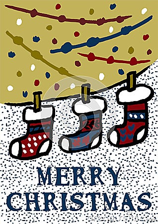 Merry christmas poster with classic christmas socks doodle on festive background. Cheerful illustration on a background of Vector Illustration