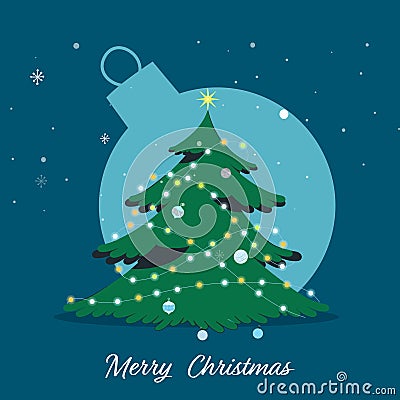 Merry Christmas Poster Design With Decorative Xmas Tree On Blue Bauble Stock Photo