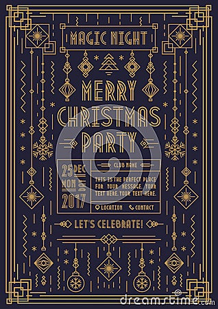 Merry Christmas poster for party with new year toy art deco line style gold color Vector Illustration