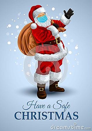 Merry Christmas poster. Santa Claus wearing medical mask. Vector illustration Vector Illustration