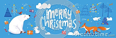 Merry Christmas poster in Scandic doodle style with cute animals. Vector Illustration