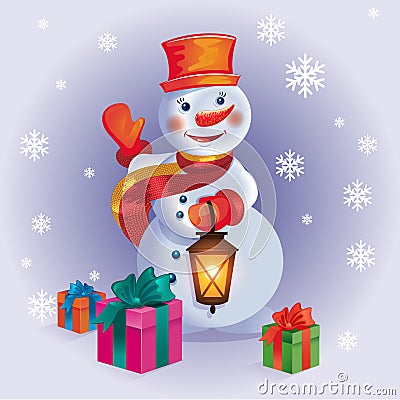 Merry Christmas poster with snowman and gifts on winter forest b Stock Photo