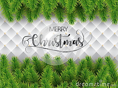 Merry christmas realistic tree branches on white texture background. Vector. Stock Photo