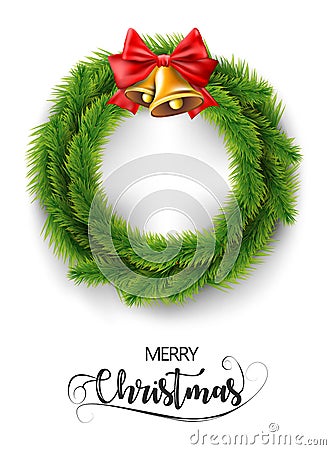 Merry Christmas realistic wreath with christmas gold bells and red ribbon. Vector. Stock Photo