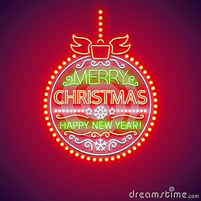 Merry Christmas Red Ball Neon Sign Vector Illustration