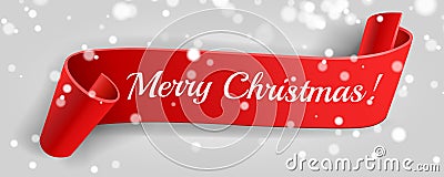 Merry Christmas.Red Banner. Ribbon,snow ,bokeh.3D detailed realistic curved paper. Vector Illustration, red sale banner Vector Illustration