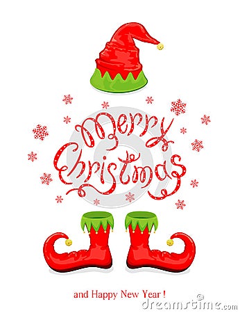 Merry Christmas with red hat and shoes elf Vector Illustration