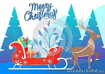 Merry Christmas Reindeer with Carriage Presents Vector Illustration