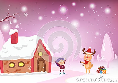 Merry Christmas, reindeer cartoon character give a gift celebrate to a kid at home, greeting card, snow falling fantasy, sweet pa Vector Illustration