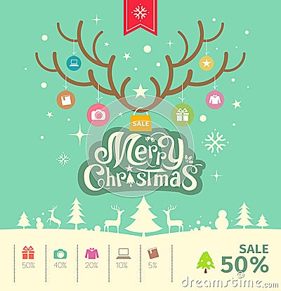 Merry Christmas reindeer sale concept on green background Vector Illustration