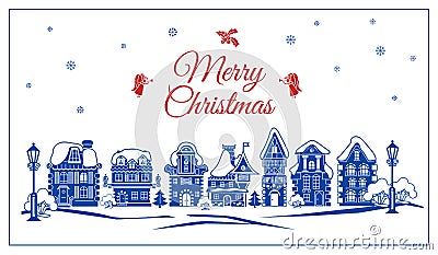 Merry Christmas retro city concept banner, simple style Vector Illustration