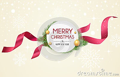 Merry Christmas ribbon label, banners design on snow and star Vector Illustration