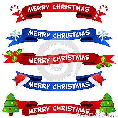 Merry Christmas Ribbons or Banners Set Vector Illustration