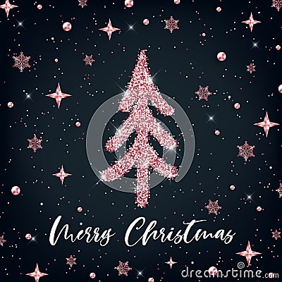 Merry Christmas rose gold greeting card template. Hand drawn stylized Christmas tree with glitter effect on black decorated Vector Illustration