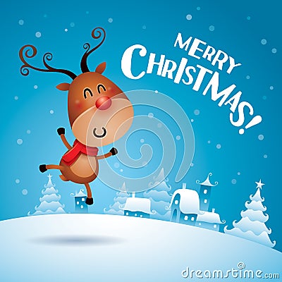 Merry Christmas! Rudolph Reindeer feeling excited. Vector Illustration