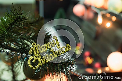 Merry Christmas It`s time to celebrate the Christmas festival. Christmas signs decorate the Christmas tree and have a piano in th Stock Photo