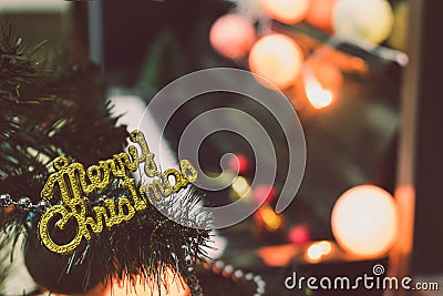 Merry Christmas It`s time to celebrate the Christmas festival. Christmas signs decorate the Christmas tree and have a piano in th Stock Photo