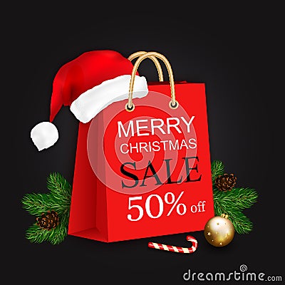 Merry Christmas sale banner with gift bag, Santa hat and christmas tree branches on black background. Vector illustration Vector Illustration