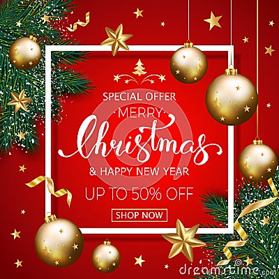 Merry Christmas sale banner with pine branches decorated, gold s Vector Illustration