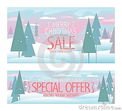 Merry Christmas sale and happy new year special offer, holiday clearance banners or posters templates set Vector Illustration